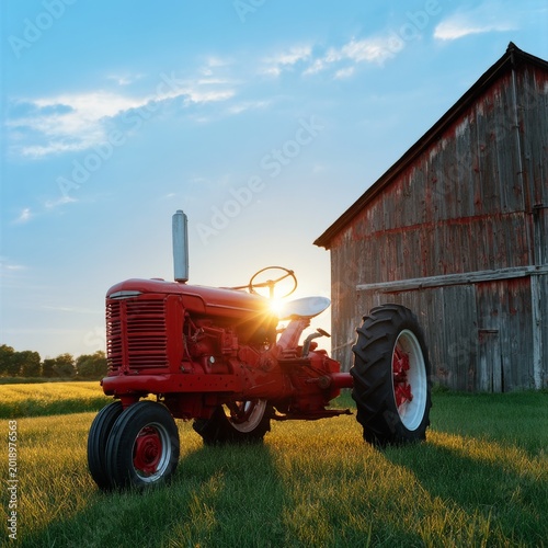 Tractor Parked Near a Barn at Sunset on a Farm Field in Rural Area