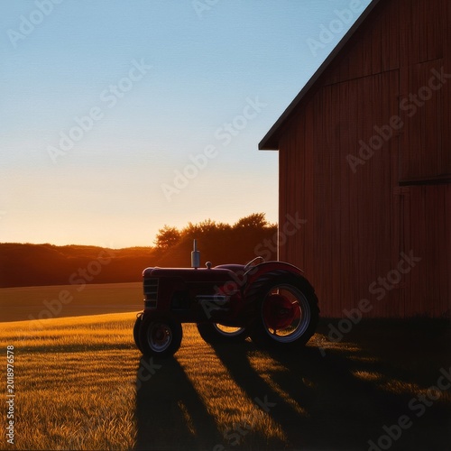 Red Tractor Stands Beside a Wooden Barn at Sunset With Long Shadows on Grassy...