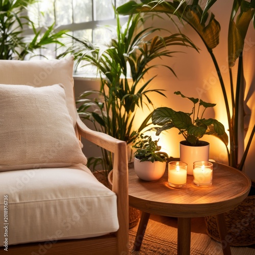 Cozy Corner With Plants and Candles in a Living Room During the Evening