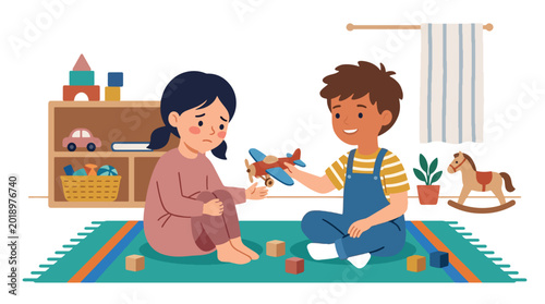 Bild auf Leinwand Modern flat vector illustration of little boy sharing favorite toy with shy frie