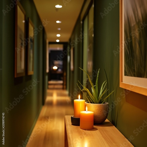 Hallway With Art, Plants, and Candles in a Dimly Lit Room in a Modern Building