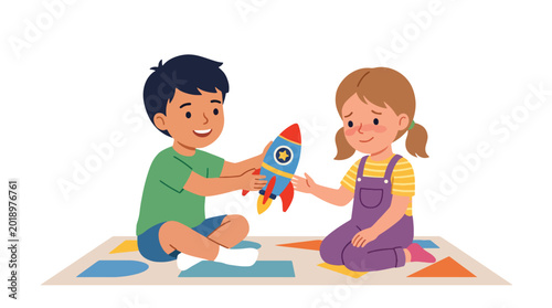 Konstfotografi Modern flat vector illustration of little boy sharing favorite toy with shy frie