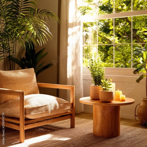 Modern Room With Plants, a Chair, and a Table With Candles in Daylight