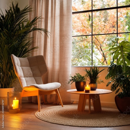 Cozy Corner With Plants and Candles in a Living Room During the Evening
