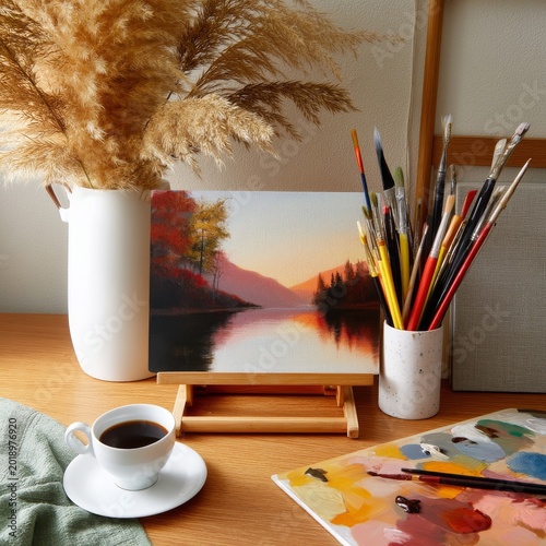 Art Supplies and a Coffee Cup on a Wooden Table by a Painting of a Lake at Su...