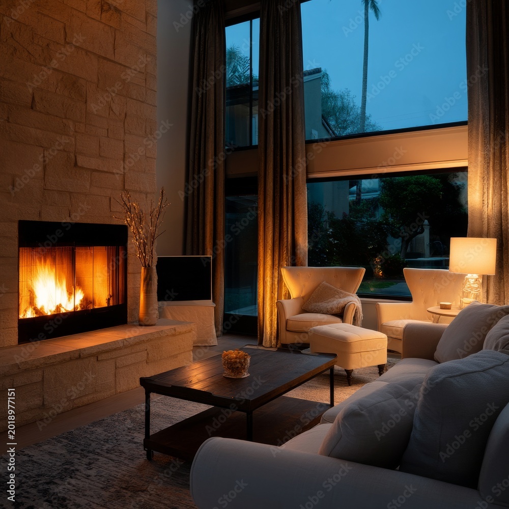 Fototapeta premium Cozy Living Room With a Fireplace Glowing at Night