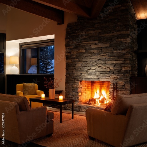 Cozy Living Room With a Fire and Modern Furniture in the Evening Light
