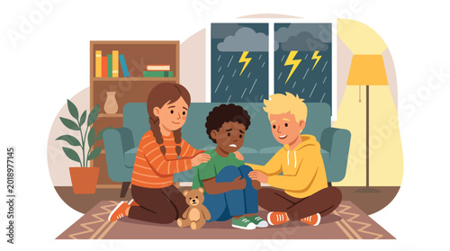 Bild auf Leinwand Modern flat vector illustration of children comforting scared friend during thun