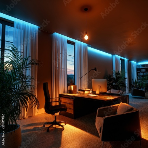 Workspace With Lights at Sunset in a Modern Office Setting