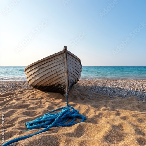 Boat Rests on Sandy Beach Near Calm Sea Under Clear Sky During Evening Light