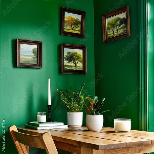 Bright Green Wall With Plant and Candles in Cozy Room Design Near Art Pieces
