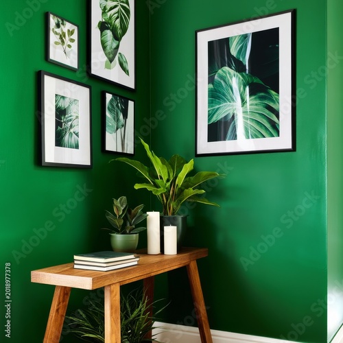 Wall Art and Plants Create a Simple Setting in a Room With Green Walls and a ...