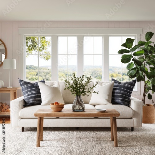 Cozy Living Room With a Large Couch, Wooden Table, and Plants in a Bright Space