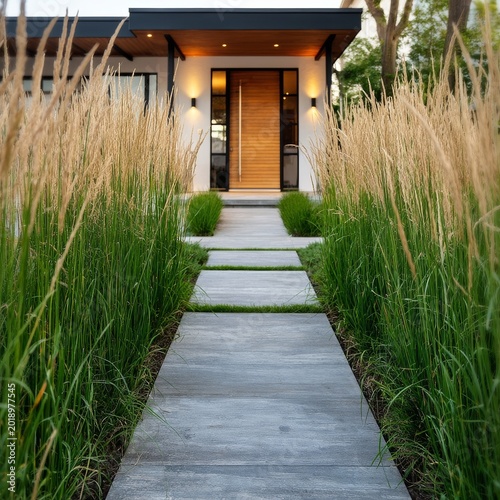 Pathway Leads to Modern House Surrounded by Tall Grass in Afternoon Light