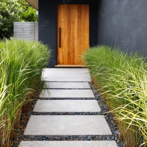Pathway Leads to Modern House Surrounded by Tall Grass in Afternoon Light