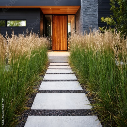 Walkway Leads to Modern House Entrance With Tall Grass During Daylight