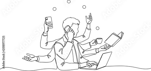 Multitasking Businessman Juggling Tasks with Multiple Arms - One Line Art