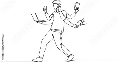Multitasking businessman with many arms juggling devices and tasks, continuous line art