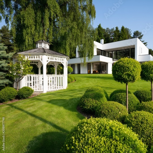 Garden Design With a Gazebo and Trimmed Bushes on a Sunny Day