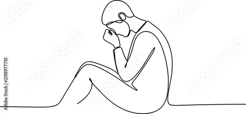 Foto Continuous line drawing of a person sitting in distress, head bowed, isolated on white background
