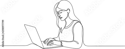 Continuous line drawing of a woman typing on a laptop, minimalist illustration, white background