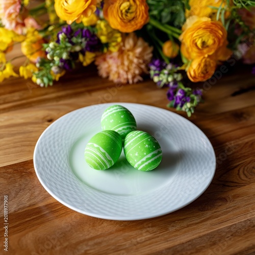 Colorful Eggs on a White Plate With Flowers in the Background During a Spring...