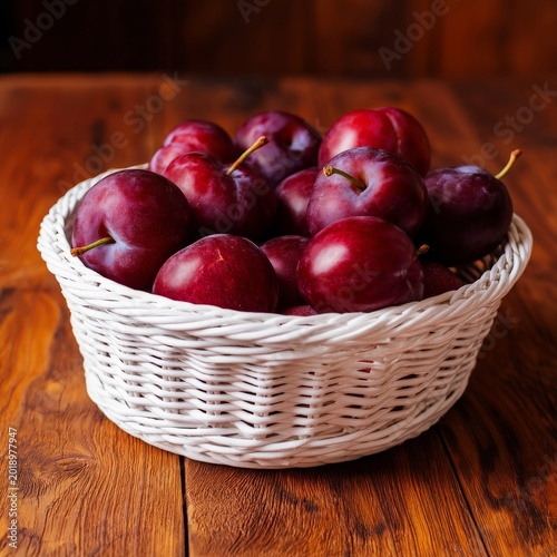 Basket Filled With Fresh Plums Arranged on a Wooden Table in Kitchen During M...