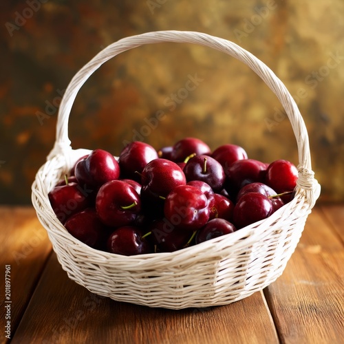 Fresh Cherries in a White Basket Placed on a Wooden Table With a Textured Bac...