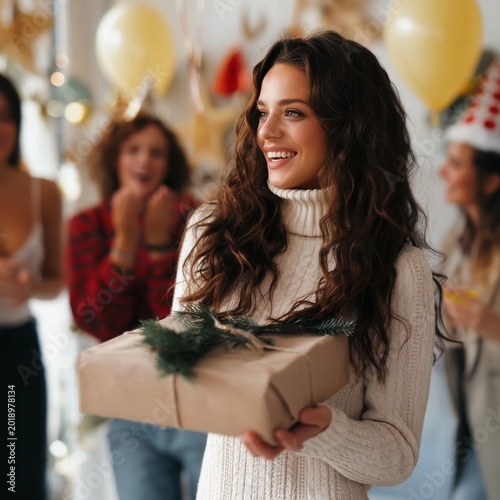 Woman Holds Gift at Celebration With Friends in Bright Room During Holiday Se...
