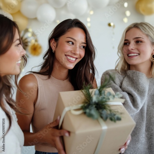 Woman Holds Gift at Celebration With Friends in Bright Room During Holiday Se...