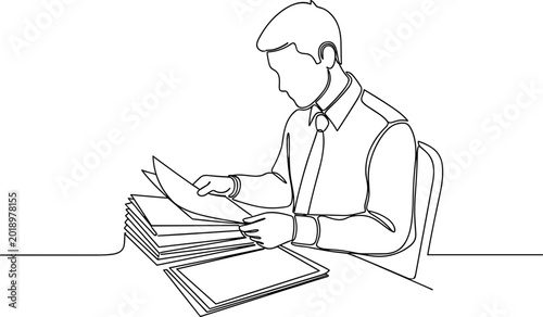 Tableau sur toile Man Reading Documents at Desk: Continuous Line Art Illustration
