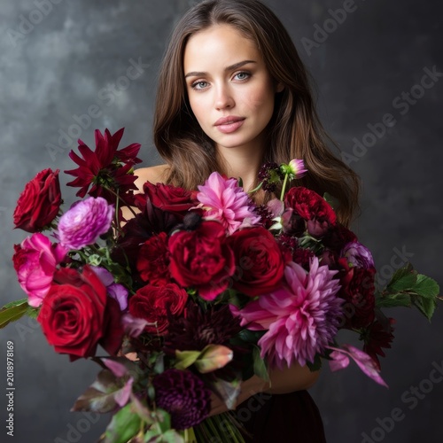 Woman Holds Large Bouquet of Flowers With Vivid Colors in Indoor Space During...