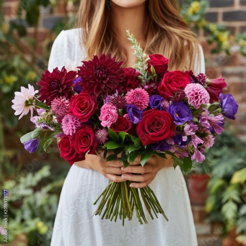 Woman Holds Large Bouquet of Flowers With Vivid Colors in Indoor Space During...