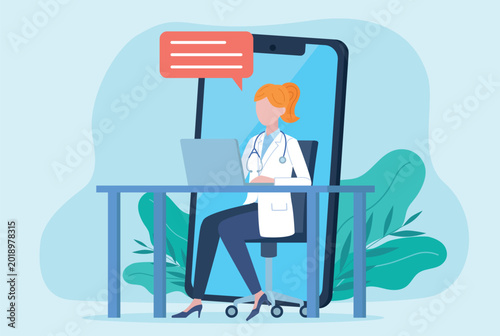 A telephone call to a doctor. A telemedicine consultation. The doctor sits at a desk, working on a laptop. A speech bubble. Flat design illustration.