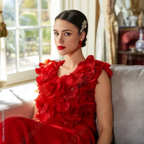 Model Poses in Bright Red Dress Surrounded by Natural Light in a Stylish Room