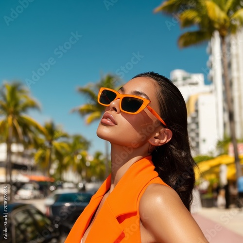 Bright Orange Outfit and Sunglasses on a Sunny Day in a Palm-Lined Street