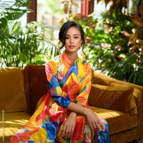 Woman in Colorful Outfit Sitting on Couch Surrounded by Plants in Bright Room