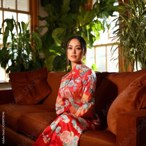Woman in Colorful Outfit Sitting on Couch Surrounded by Plants in Bright Room
