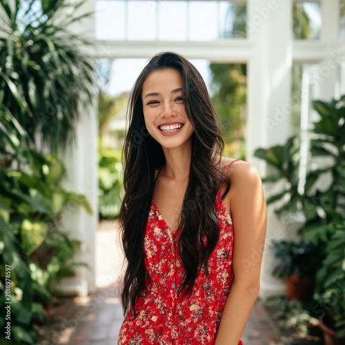 Young Woman Smiles in Garden Path During Sunny Day in Tropical Setting With P...