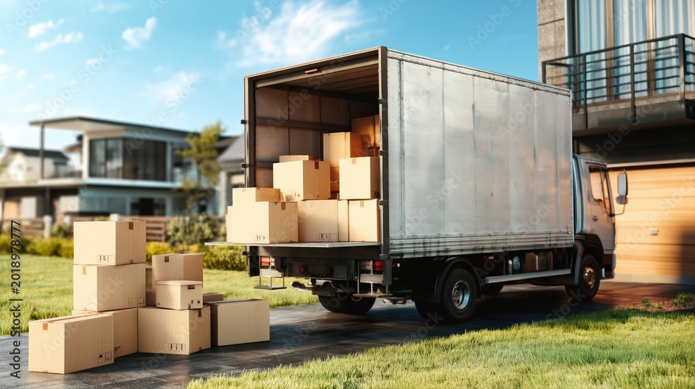 Naklejka premium A moving truck with stacked cardboard boxes sits outside a modern suburban house. Bright sunlight highlights the realistic moving day scene and green lawn backdrop.