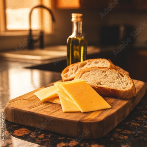 Slices of Cheese and Bread on a Cutting Board in a Kitchen Setting With Olive...