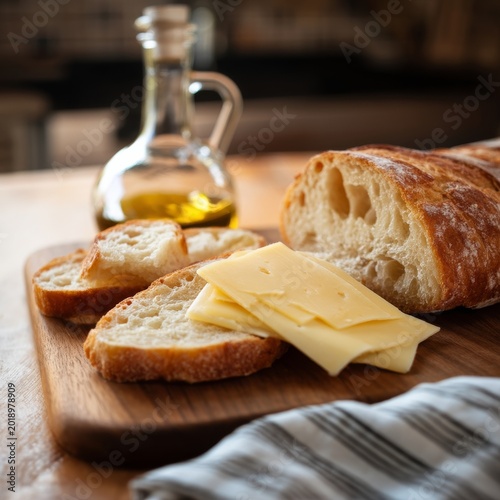 Fresh Bread Slices With Cheese and Olive Oil on a Wooden Board in a Kitchen S...