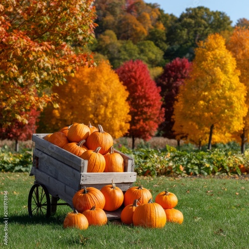 Bright Orange Pumpkins Stacked in a Wooden Cart During Autumn in a Park Setting