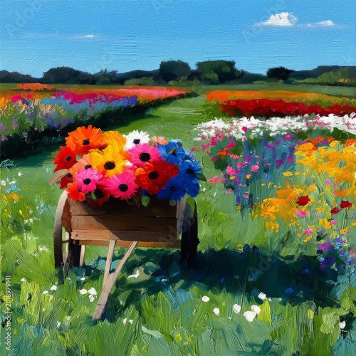 Colorful Flower Cart in a Field During Sunny Day With Blue Sky and Green Tree...