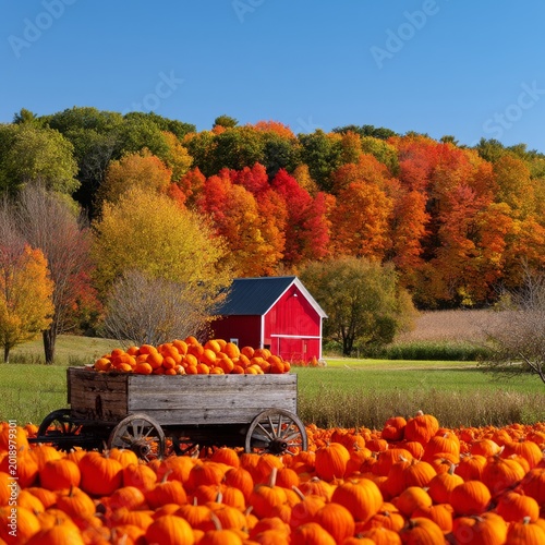 Pumpkins in Wooden Cart Near Red Barn Surrounded by Fall Trees in Afternoon L...