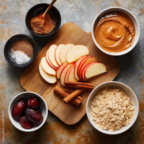 Fresh Apple Slices and Toppings Arranged on a Wooden Board in a Kitchen Setting