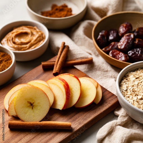 Fresh Apple Slices and Toppings Arranged on a Wooden Board in a Kitchen Setting