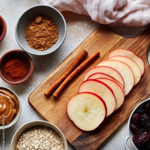 Sliced Apples With Peanut Butter and Spices on Wooden Cutting Board in Kitche...