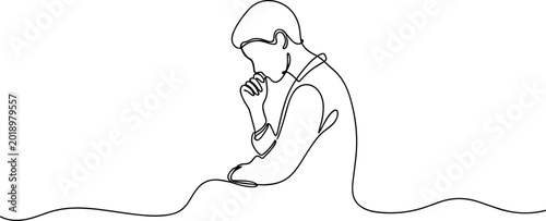 Photos Thoughtful man, single line drawing, contemplation, thinking, introspection, whi