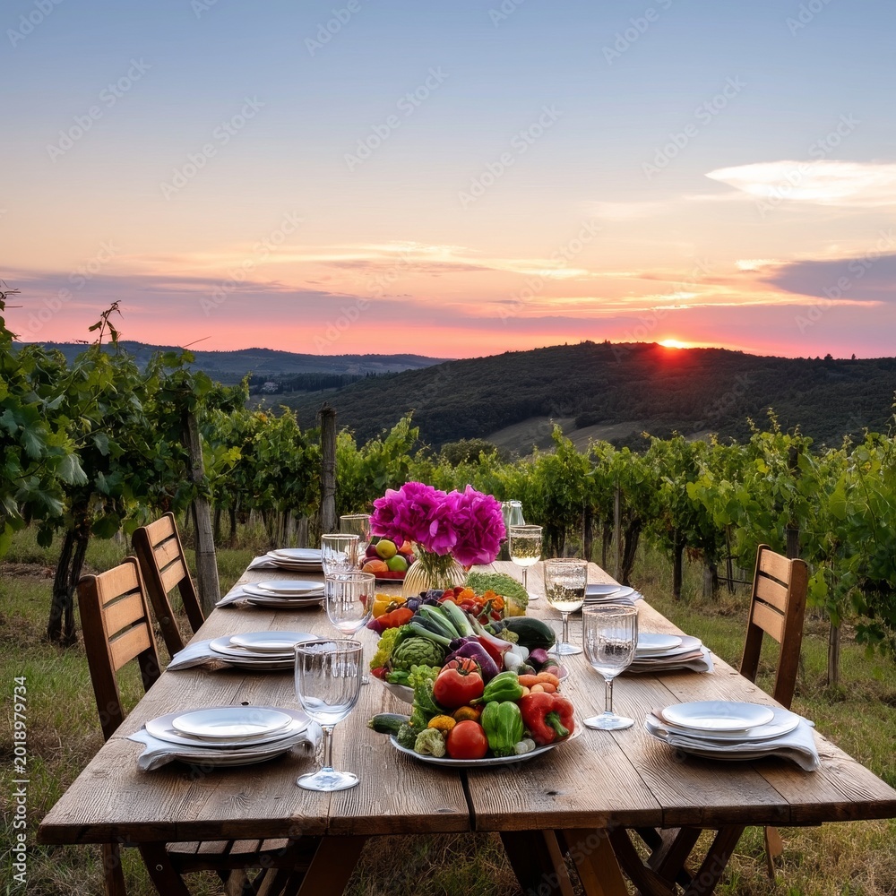 Obraz premium Dinner Table Set in Vineyard With Sunset View Over Hills While People Prepare for Meal